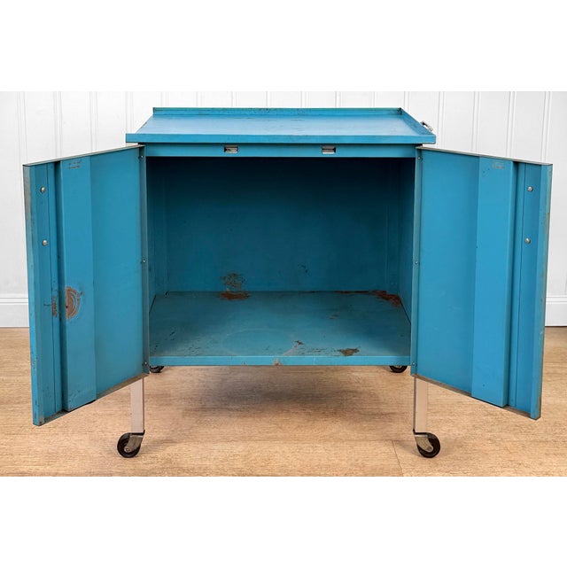 Vintage Industrial Blue Steel Rolling Cart Cabinet For Sale - Image 6 of 15
