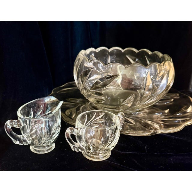 Glass Mid 20th Century Indiana Glass Willow Punch Bowl Set With Cream and Sugar Set - Set of 4 For Sale - Image 7 of 12