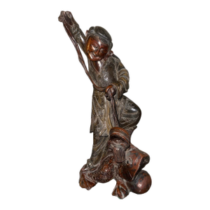 Early 20th C. Large Chinese Carved Hardwood Immortal Figure Standing on Toad