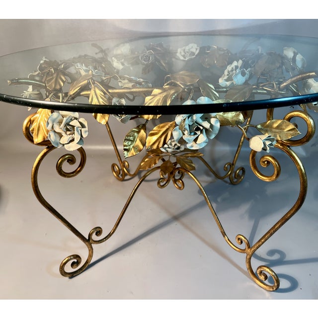 Gilt Table With 24 Tole White Roses & Leaves Glass Top Italian Hollywood Regency For Sale - Image 9 of 9