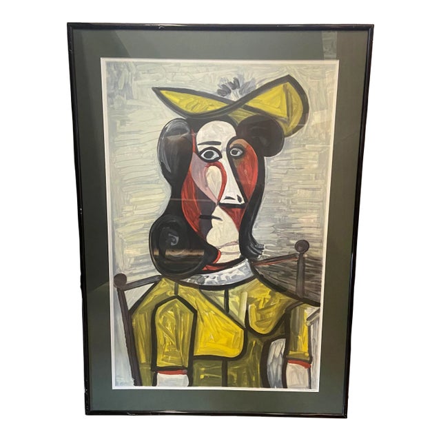 Framed Picasso Lithograph Portrait De Femme Au Chapeau Et a La Robe Vert Jaune From the Marina Picasso Collection Circa 1982 For Sale