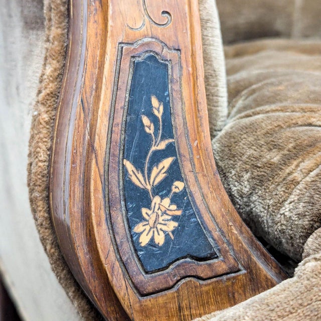 Textile Vintage Victorian Tufted Velvet Lounge Chair With Carved Wooden Accents For Sale - Image 7 of 10