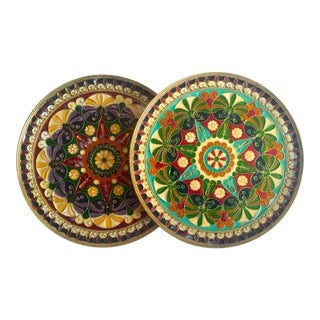 Vintage Mid Century Moroccan Brass Multicolor Inlaid Enamel Decorative Wall Plates - Set of 2 For Sale