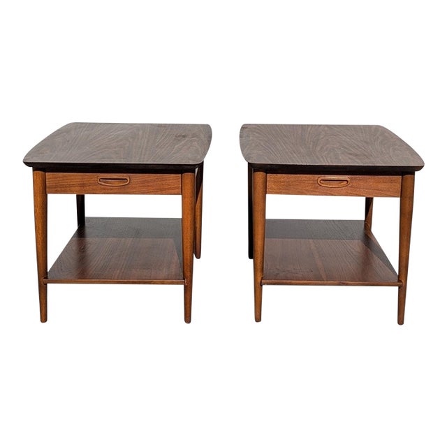 Lane Mid-Century Modern Walnut End Tables or Nightstands - A Pair, Oak For Sale