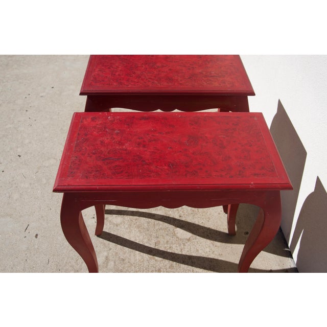 Brick Red Pair of Handcrafted Louis XV-Style End Tables in Mahogany With Elm Burl Tops For Sale - Image 8 of 16