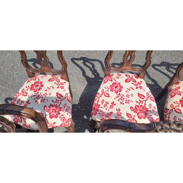 Super fine and rare set of eight shell carved French dining chairs possibly antique Italian. Featuring Pierce splats with...