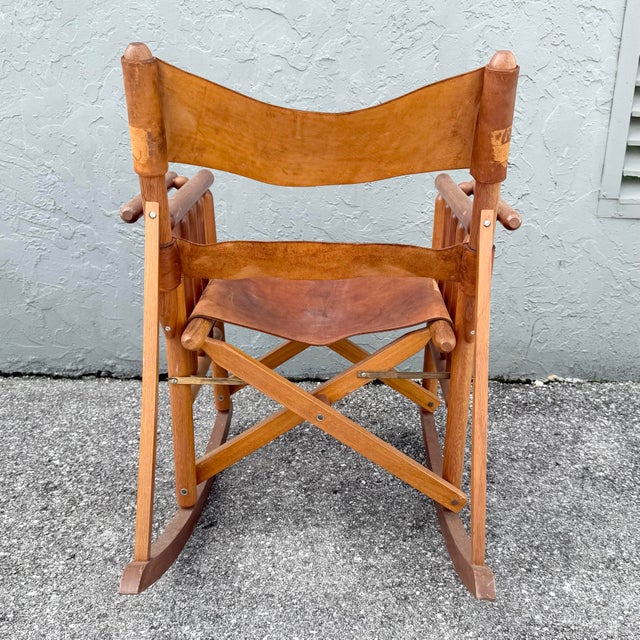 Wood Vintage Costa Rican Wood and Leather Folding Rocking Chair For Sale - Image 7 of 9