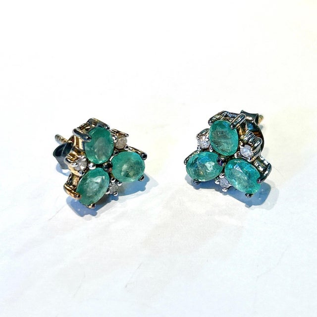 Late 20th Century Bochic “Orient” Vintage Emerald & Rose Cut Diamond Earrings Set 18K Gold & Silver For Sale - Image 5 of 11