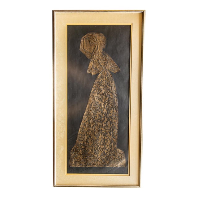 Late 20th Century Framed 37x18 Gold Wax Brass Rubbing "The Lace Lady" Margaret Peyton For Sale
