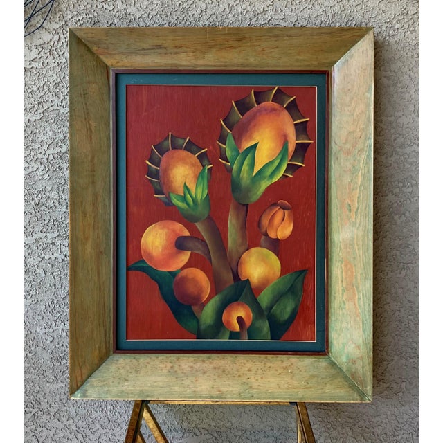 Brick Red Mid 20th-Century Framed Oil on Board Stylized Botanical Painting For Sale - Image 8 of 18