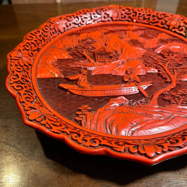 Chinese Vintage Chinese Cinnabar Decorative Display Plate For Sale - Image 3 of 9