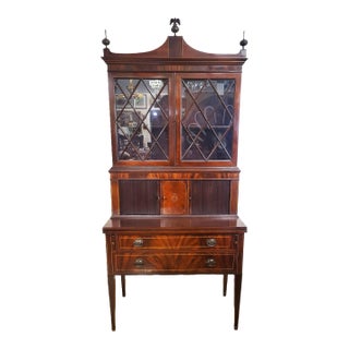 Antique 20th C American Hepplewhite Mahogany Tambour Door Secretary Desk Vitrine For Sale