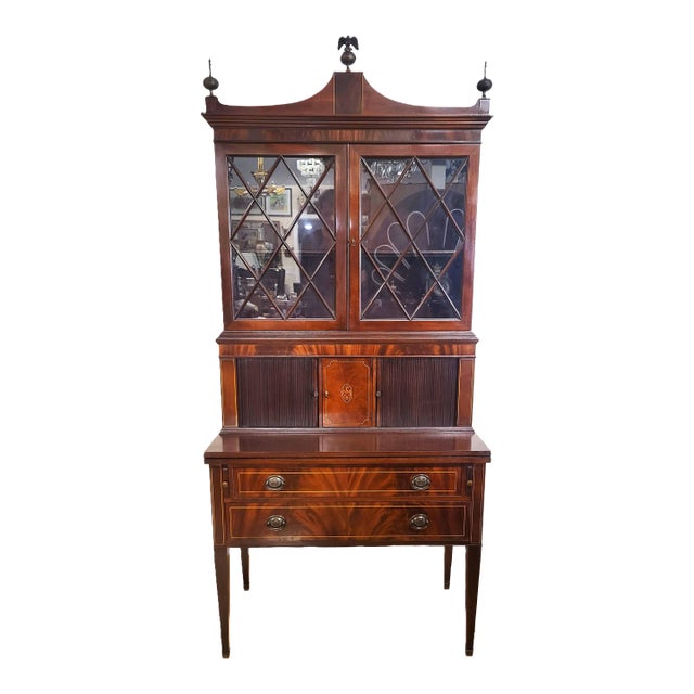 Antique 20th C American Hepplewhite Mahogany Tambour Door Secretary Desk Vitrine For Sale