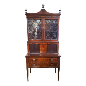 Antique 20th C American Hepplewhite Mahogany Tambour Door Secretary Desk Vitrine