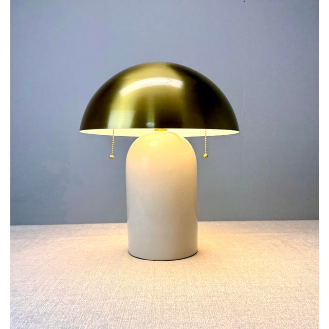 2020s Modernist Mushroom “Gaia” Brass and Ceramic 2-Light Table Lamp by Mitzi/Hudson Valley Lighting For Sale - Image 5 of 10