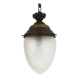 Antique French Teardrop Hall Lantern in Brass with Etched Frosted Glass, 1890s For Sale