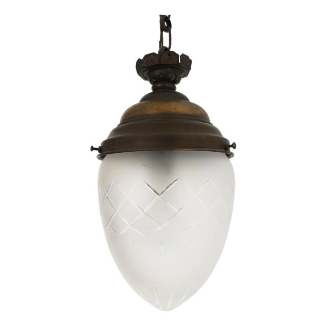 Antique French Teardrop Hall Lantern in Brass with Etched Frosted Glass, 1890s For Sale
