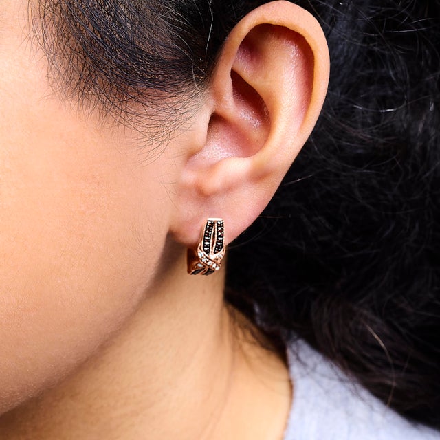 Haus of Brilliance 10K Rose Gold 1/3 Cttw White and Brown Diamond Milgrain Criss Cross J-Hoop Earrings (I-J Color, I1-I2 Clarity) For Sale - Image 4 of 5