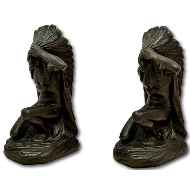 Metal Large & Unusual Antique Native American Indian Motif Bronze Clad Bookends Signed Ruhl - Circa 1910s For Sale - Image 7 of 18