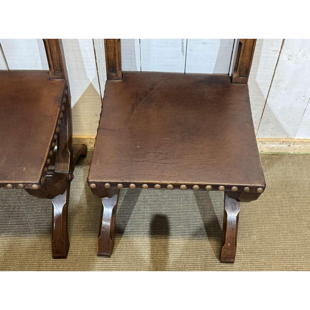 Chairs and Armchairs in Oak and Leather with Gothic Decoration, 1930s, Set of 8 For Sale - Image 18 of 18