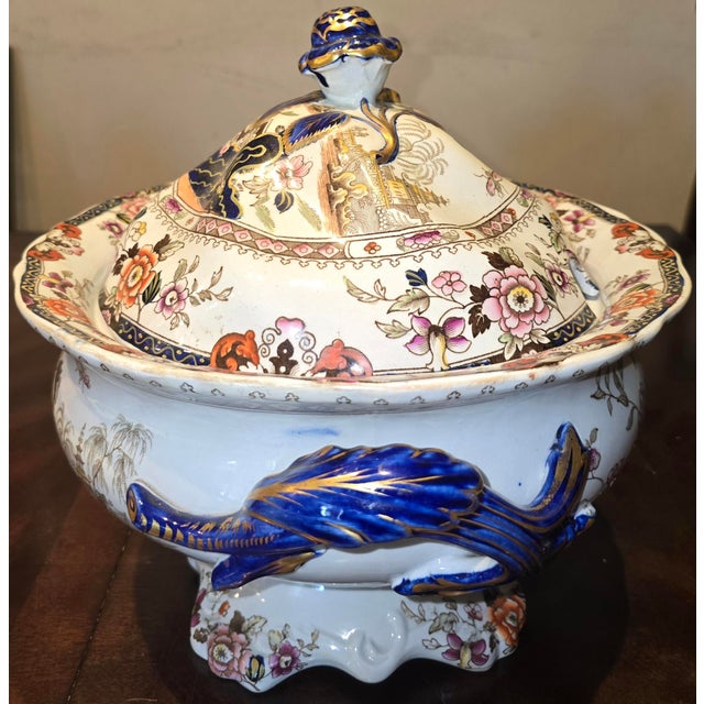 "Mason's Soup Tureen, Blue Handles and Top of Lid, Stand circa 1820 on the bottom there is stamp "Anson Hoyd Willlinton...