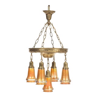 Adjustable Chandelier With Gilt Brass and Gold Aurene Chandelier with Signed Steuben Glass Shades For Sale