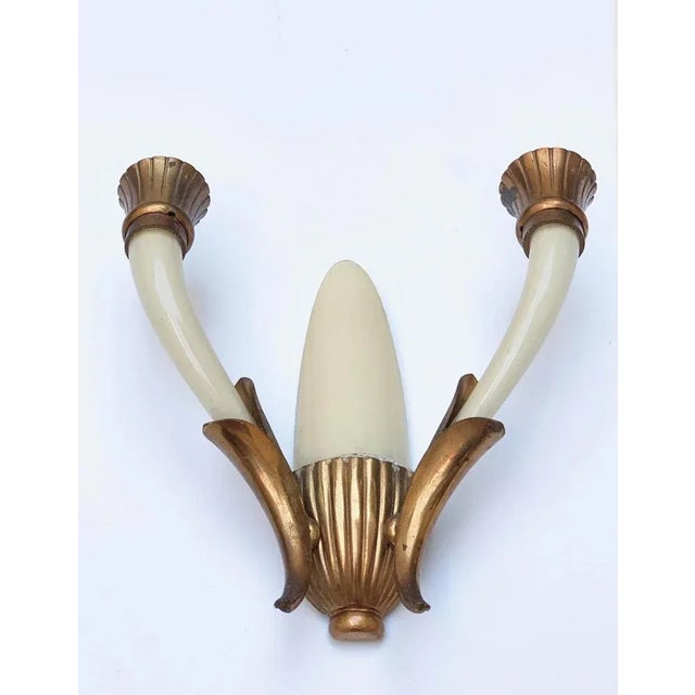 Italian Ivory White Blown Murano Glass & Coppered Brass Sconces, 1940s, Set of 2 For Sale - Image 14 of 18