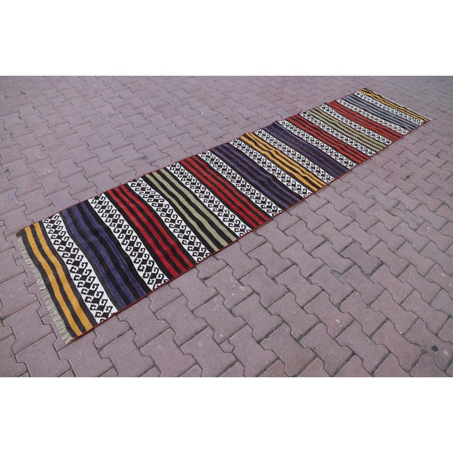 Tribal 1970s Turkish Tribal Style Stripe Design Handmade Oushak Kilim Runner Rug For Sale - Image 3 of 10