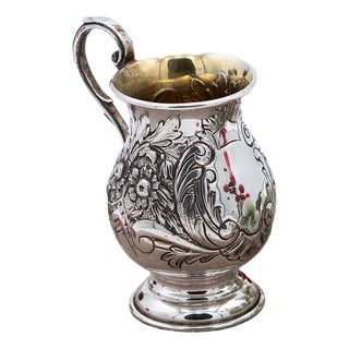 Silver Pot with Raised Floral Motifs Surrounding Monogram Card and Question Mark Handle For Sale