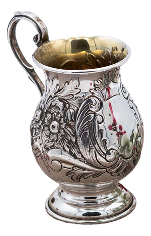 Silver Pot with Raised Floral Motifs Surrounding Monogram Card and Question Mark Handle