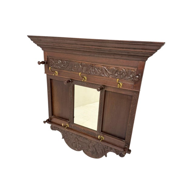 Wood Renaissance Revival Hand-Carved Coat Rack with Mirror, 1900s For Sale - Image 7 of 12