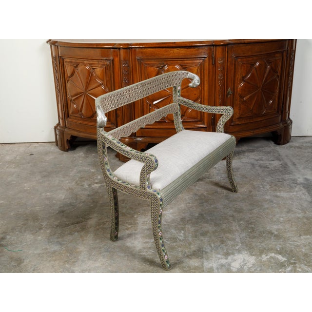 1930s Moroccan Metal Upholstered Settee With Enamel Décor and Rams' Heads For Sale - Image 10 of 12