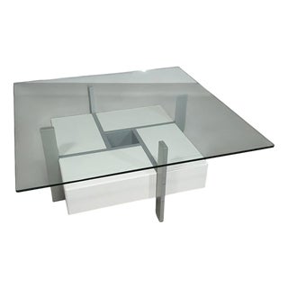 Minimalistic Coffee Table with Drawers and Glass Top, 1980s For Sale