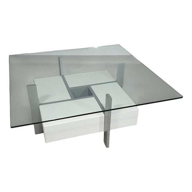 Minimalistic Coffee Table with Drawers and Glass Top, 1980s For Sale