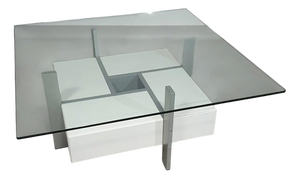 Minimalistic Coffee Table with Drawers and Glass Top, 1980s