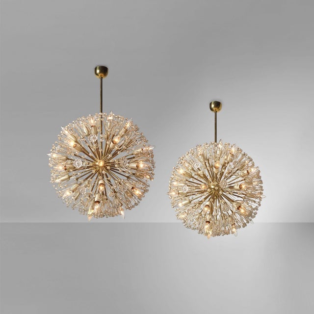 Emil Stejnar, Austrian Mid-Century Modern, Large Snowflake Chandeliers, Brass, Glass, Austria, 1965 A wonderful pair of...