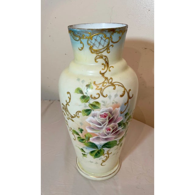 Glass Tall Antique Hand Blown Painted Milk Bristol Glass Enamel Enameled Flower Vase For Sale - Image 7 of 11
