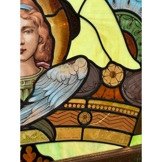 19th Century Stained Glass Window With Painted Angel Portrait in Original Frame For Sale - Image 9 of 17