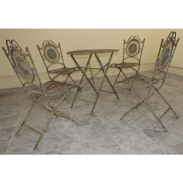 Mid 20th Century 1970s Italian Bistro–Style Wrought Iron Garden Set With Four Folding Chairs For Sale - Image 5 of 18