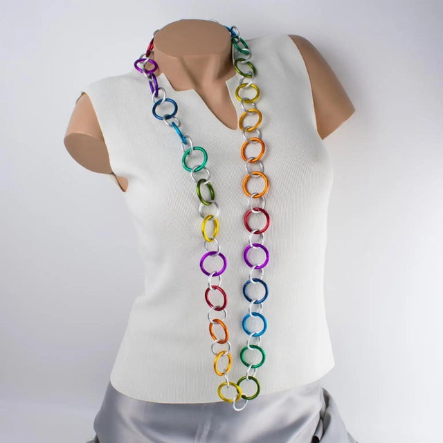 1980s David Spada Space Age Multicolor Aluminum Extra-Long Necklace For Sale - Image 5 of 11