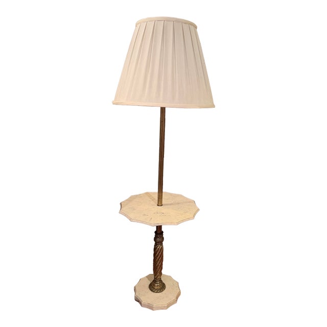 Vintage French Neoclassical Style Stone Floor Lamp With Table | Barley Twist Column | Louis XVI Influence For Sale