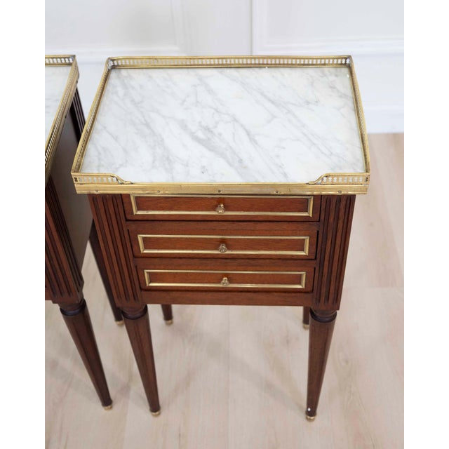 Mid 20th Century Pair of French 20th Century Louis XVI Style Marble-Top Bedside Tables For Sale - Image 5 of 9