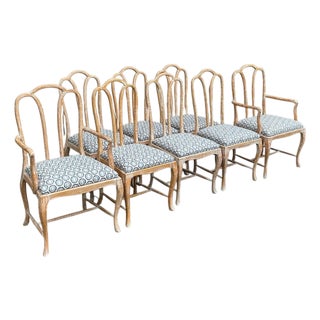 Gustavian Style Cerused Dining Chairs in New Blue & White Linen Set of 8 For Sale