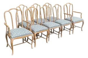 Gustavian Style Cerused Dining Chairs in New Blue & White Linen Set of 8