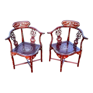 1950s Handcrafted Chinese Rosewood Corner Armchairs with Mother of Pearl Inlay- Set of 2