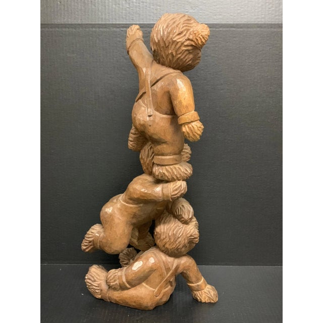 Vintage Carved Solid Wood Three Acrobatic Teddy Bear Sculpture For Sale - Image 10 of 11
