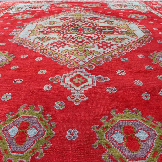 Large Antique Oushak Rug in Red, Acid Green and Ice Blue by Keivan Woven Arts For Sale - Image 4 of 12