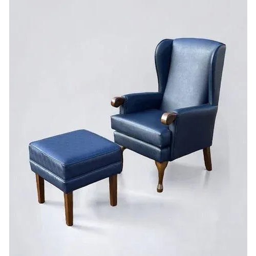 Set of Blue Leather Armchair & Foot Stool For Sale - Image 11 of 11