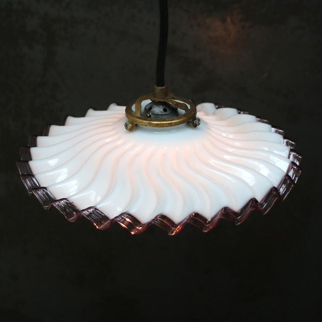 1950s French Brass Pendant Light with Purple Edge Opaline Glass Shade For Sale - Image 5 of 6