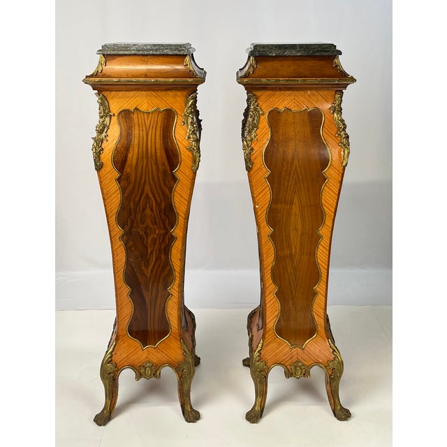 Mid 20th Century Pair of Mid-20th Century French Rococo Style Marquetry & Ormolu Pedestals With Green Marble Tops For Sale - Image 5 of 16